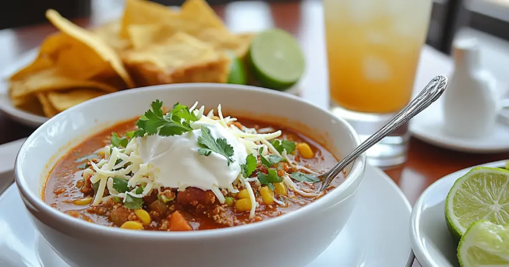 A bowl of taco soup frios served with cornbread, tortilla chips, and lime wedges, paired with a refreshing drink.