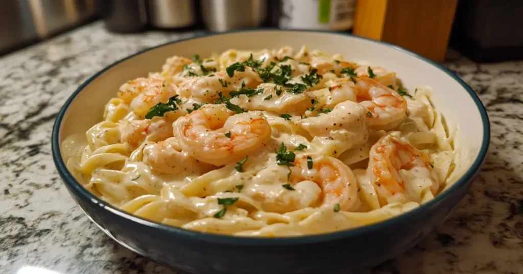 A plate of creamy chicken and shrimp Alfredo garnished with parsley.