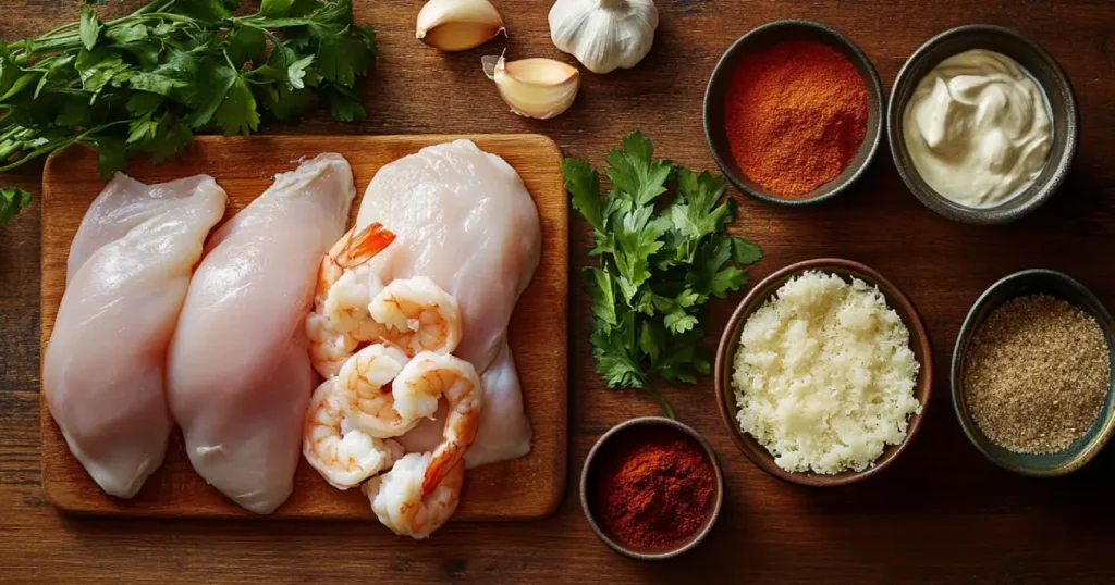 Ingredients for chicken and shrimp Alfredo: chicken, shrimp, Parmesan, and spices.