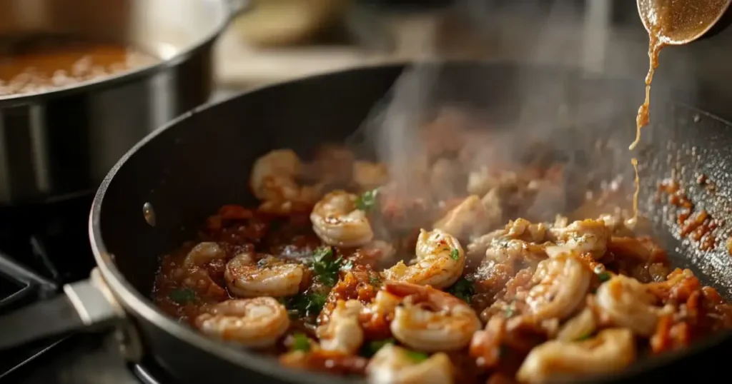 Chicken and shrimp being cooked in a skillet with garlic and spices.