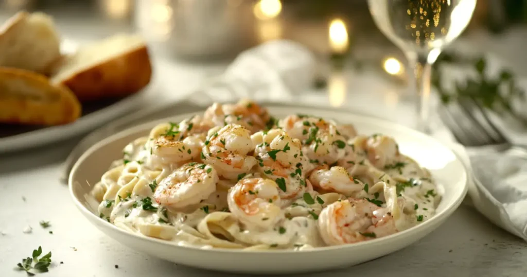 A plated serving of chicken and shrimp Alfredo garnished with Parmesan and parsley.