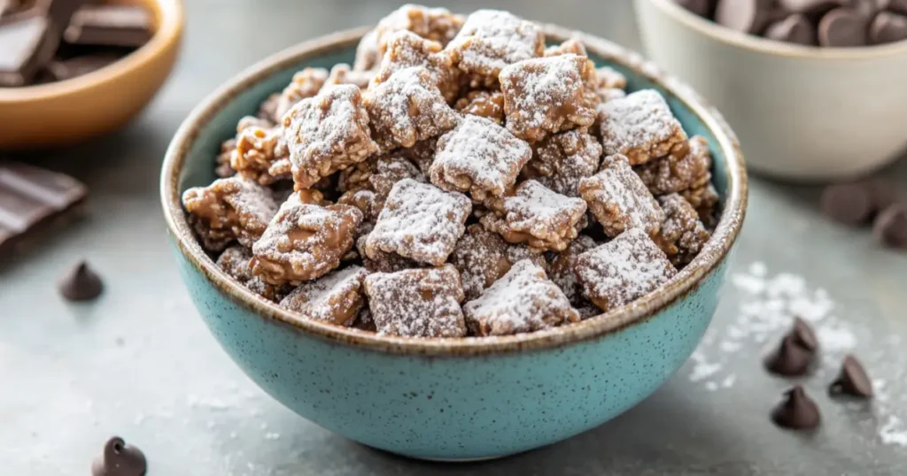 Close-up of a bowl of muddy buddies coated in powdered sugar with chocolate chips and peanut butter nearby.