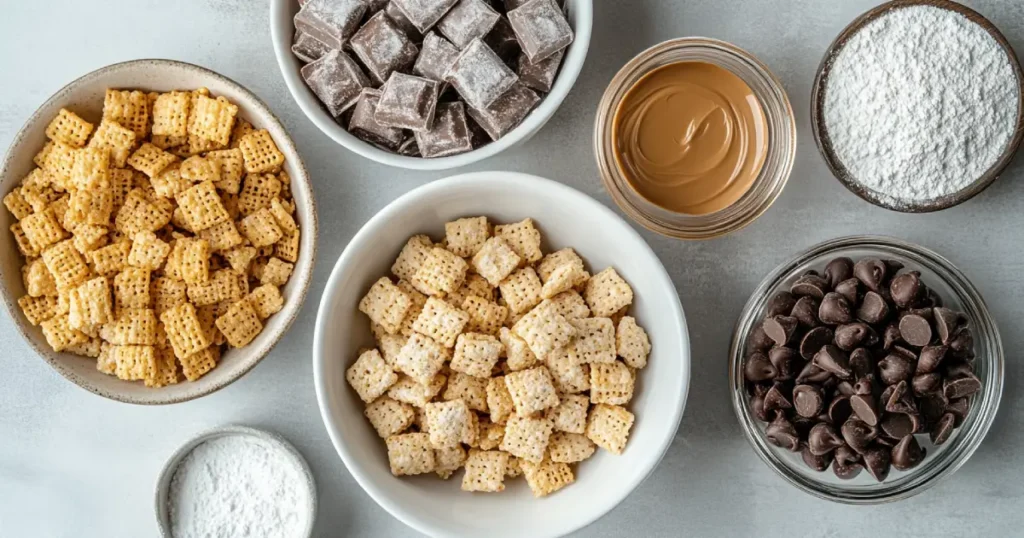 The key ingredients for Muddy Buddies, including Rice Chex, Corn Chex, Wheat Chex, chocolate chips, peanut butter, and powdered sugar.