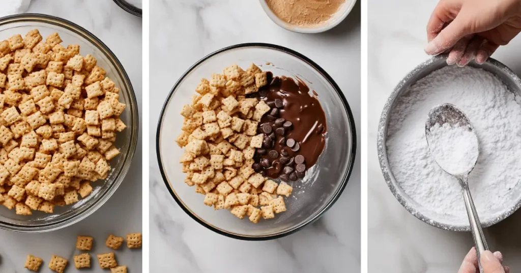 Step-by-step guide to crafting muddy buddies, from mixing cereals with melted chocolate and peanut butter to dusting with powdered sugar.