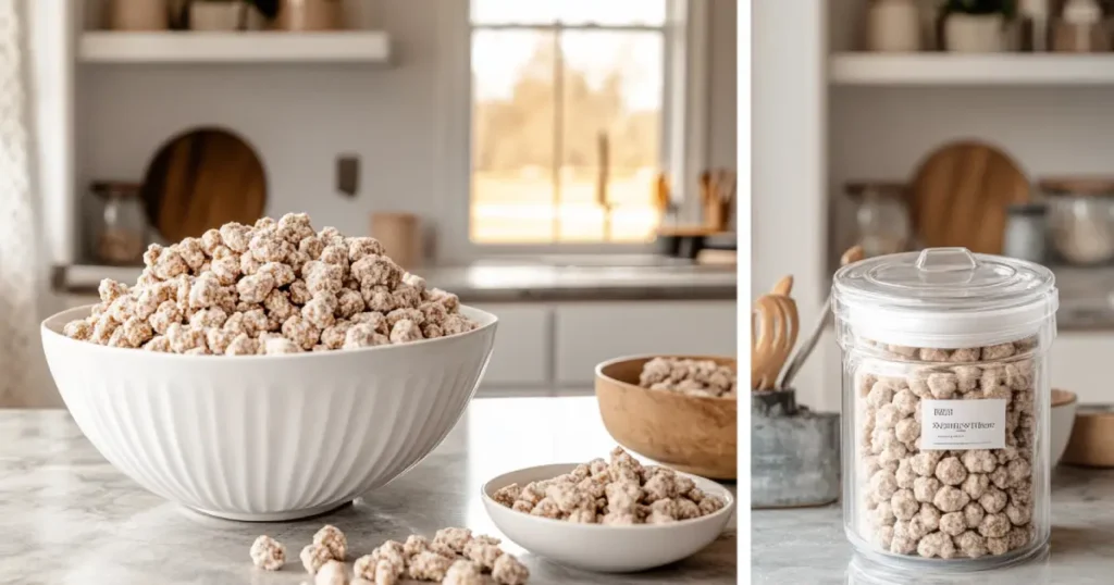  Serving and storing muddy buddies in bowls and airtight containers for freshness.