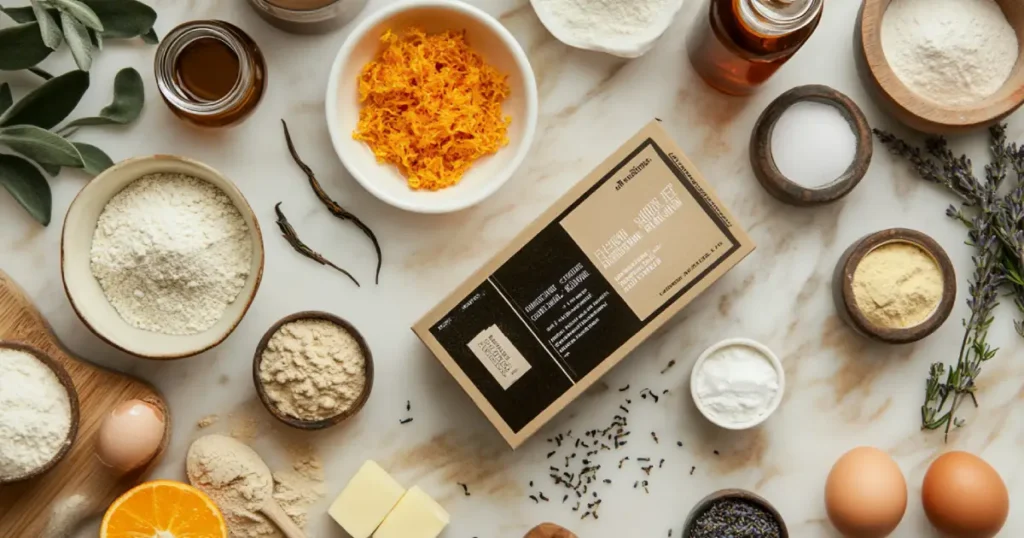  Ingredients for Earl Grey cookies, including Earl Grey tea, orange zest, vanilla extract, and essential baking staples like flour, butter, sugar, and eggs.