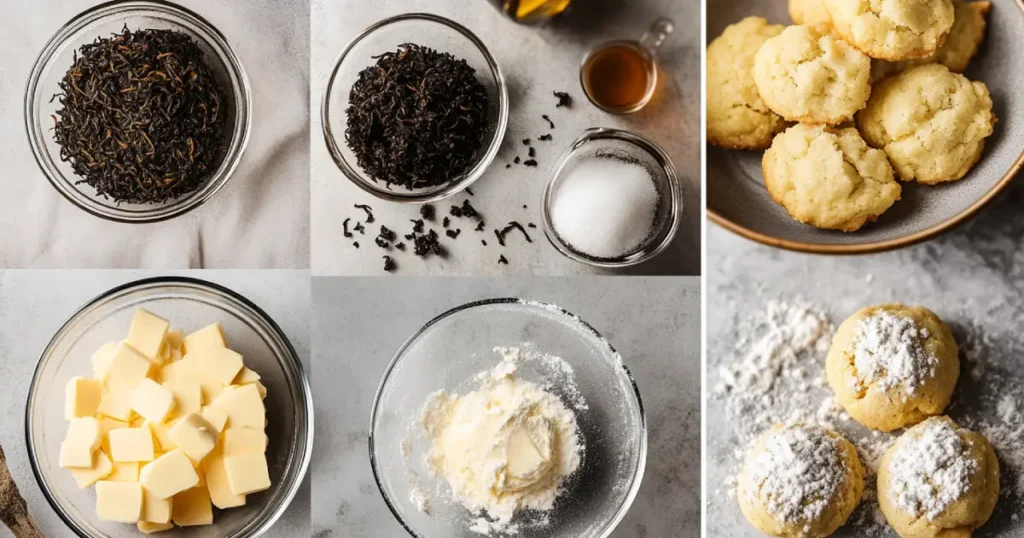 Step-by-step guide to baking Earl Grey cookies, including extracting tea leaves, mixing sugar with tea, creaming butter, and rolling cookie dough balls coated in sugar and tea.