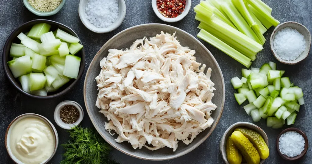 Essential ingredients for chicken salad chick, including cooked chicken breast, mayonnaise, Dijon mustard, celery, onion, pickles, and seasonings.