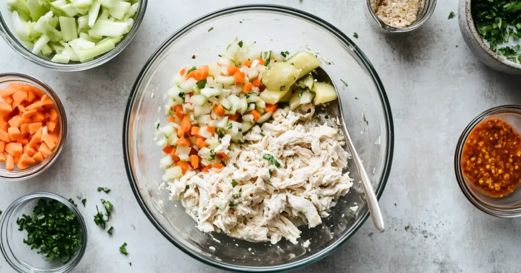 Step-by-step preparation of chicken salad chick, including shredded chicken, mixed dressing, and added ingredients like celery, onion, and pickles.