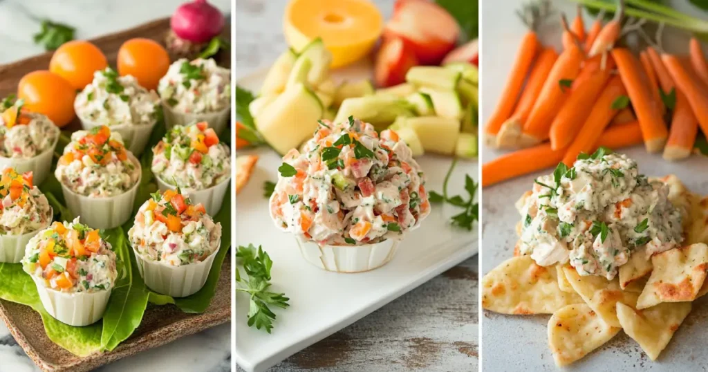 Chicken salad chick served in bite-sized cups, scooped onto endive leaves, and transformed into a dip with vegetable sticks and pita chips, accompanied by fresh fruit and roasted vegetables.