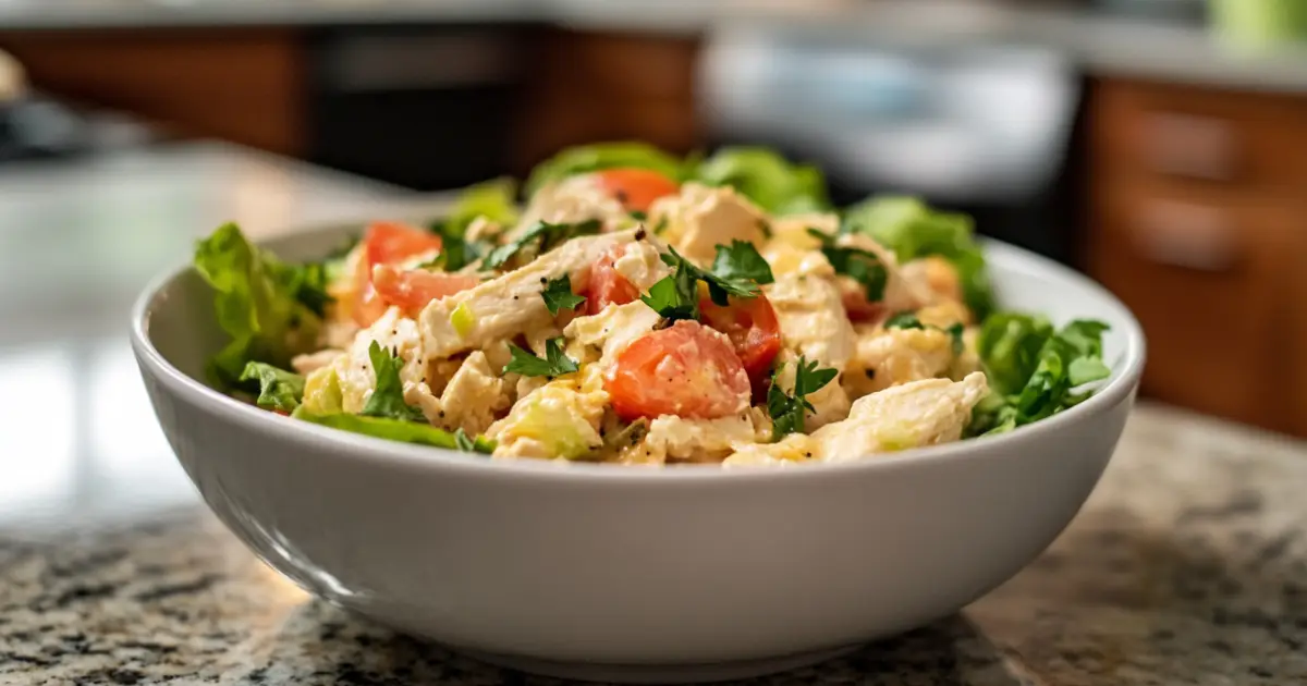 A bowl of chicken salad chick, made with shredded chicken, mayonnaise, Dijon mustard, celery, onions, and pickles, served with crackers.