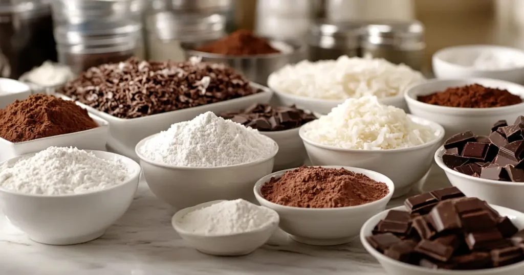 A neatly arranged display of ingredients for Mounds cake, including cocoa powder, flour, sugar, baking soda, shredded coconut, sweetened condensed milk, heavy cream, dark chocolate, and vanilla extract.