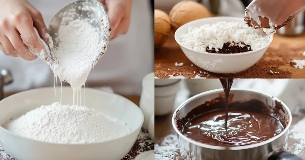 Step-by-step guide to preparing a Mounds cake, including whisking dry ingredients, mixing wet ingredients, pouring batter into pans, preparing coconut filling, and assembling the cake with ganache.