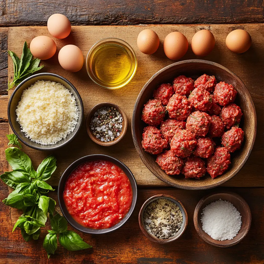 Essential ingredients for Italian meatballs with sauce, including ground beef, breadcrumbs, eggs, Parmesan cheese, garlic, tomatoes, basil, and seasonings.