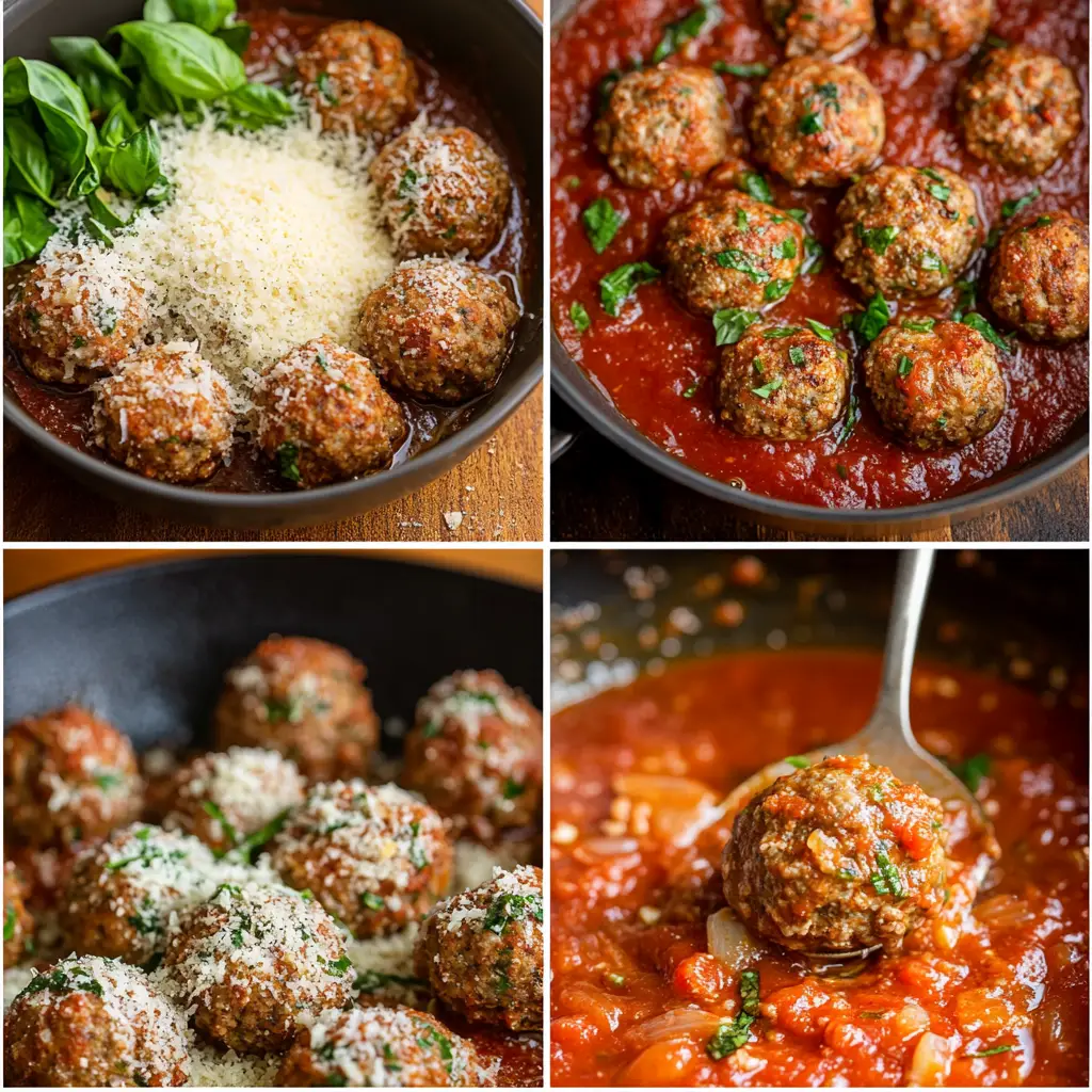 Step-by-step guide for making Italian meatballs, from mixing ingredients to rolling and cooking meatballs in sauce.