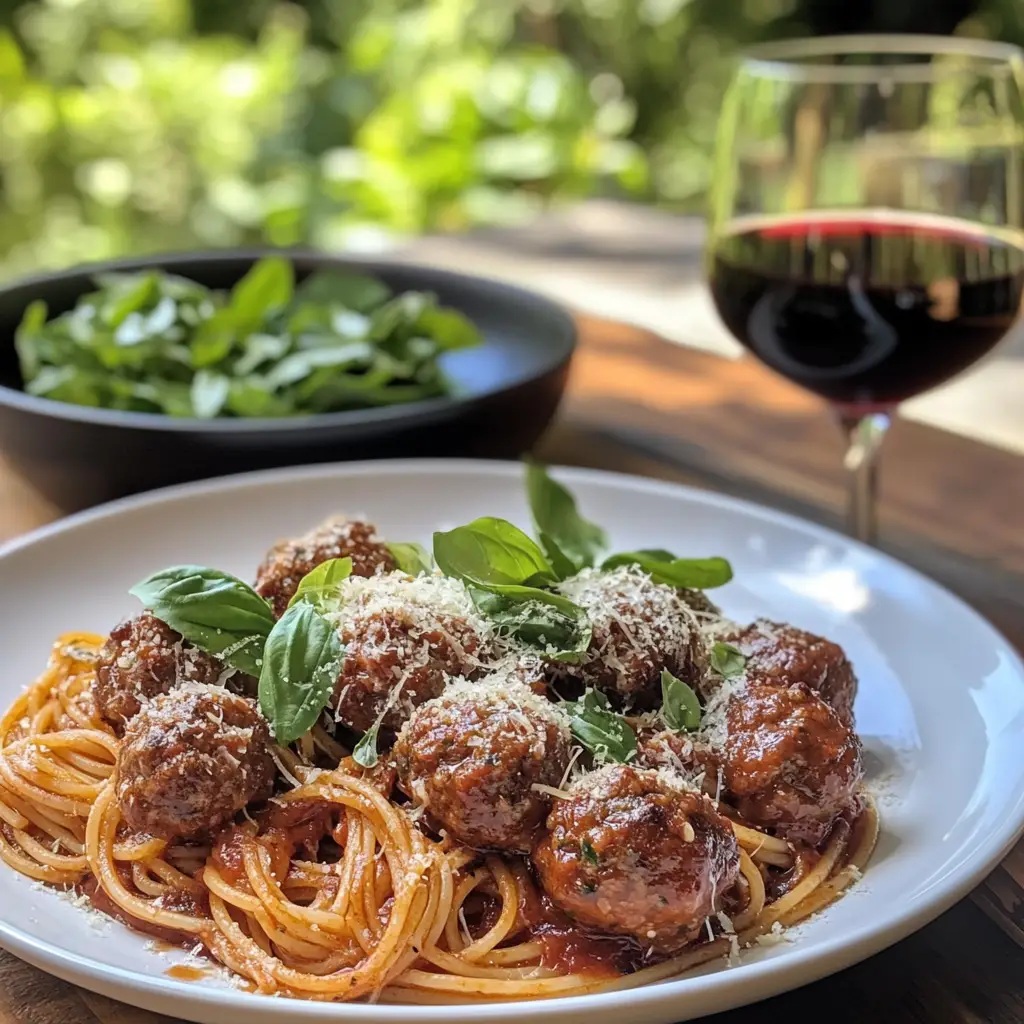 A plate of Italian meatballs served with spaghetti, topped with Parmesan cheese and fresh basil, accompanied by red wine and mixed greens.