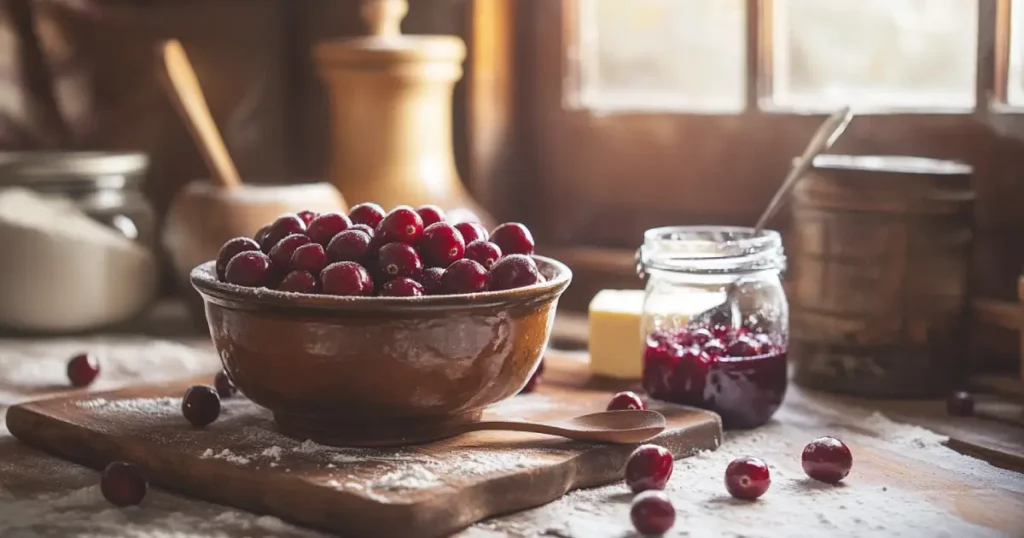  Canned cherries and cranberries with ingredients like sugar, lemon zest, and vanilla extract for a fruit-based recipe.