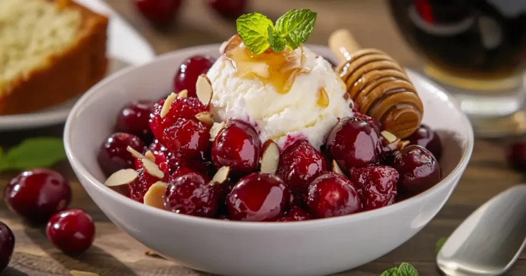 Creative pairings with canned cherries and cranberries, including vanilla ice cream, almond cake, honey drizzle, and a glass of white wine.