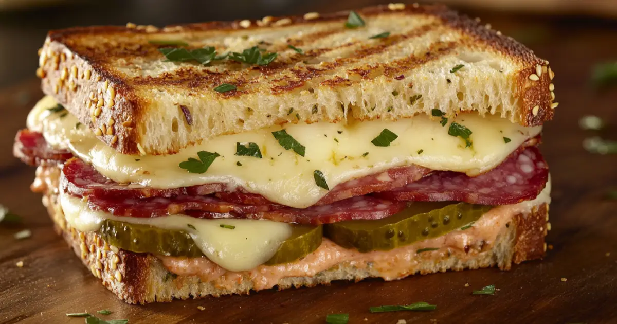 Italian Inspired Toasted Sandwich with melted mozzarella, fresh basil, ripe tomatoes, and crispy ciabatta bread, served on a rustic wooden board.