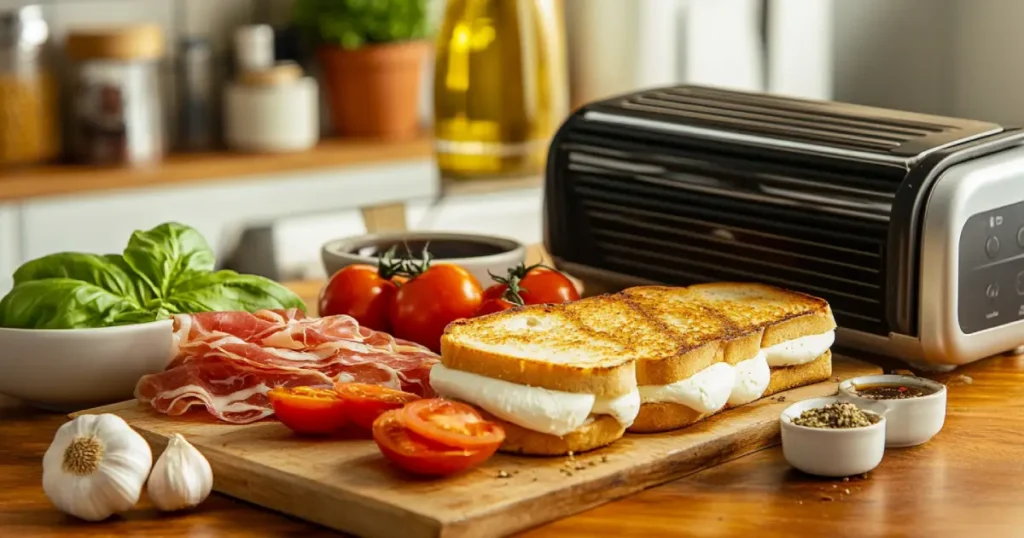 A close-up of an Italian-inspired toasted sandwich, golden and crispy, filled with melted mozzarella, fresh basil, tomato slices, and a drizzle of olive oil, served on a rustic wooden plate with a side of marinara sauce.