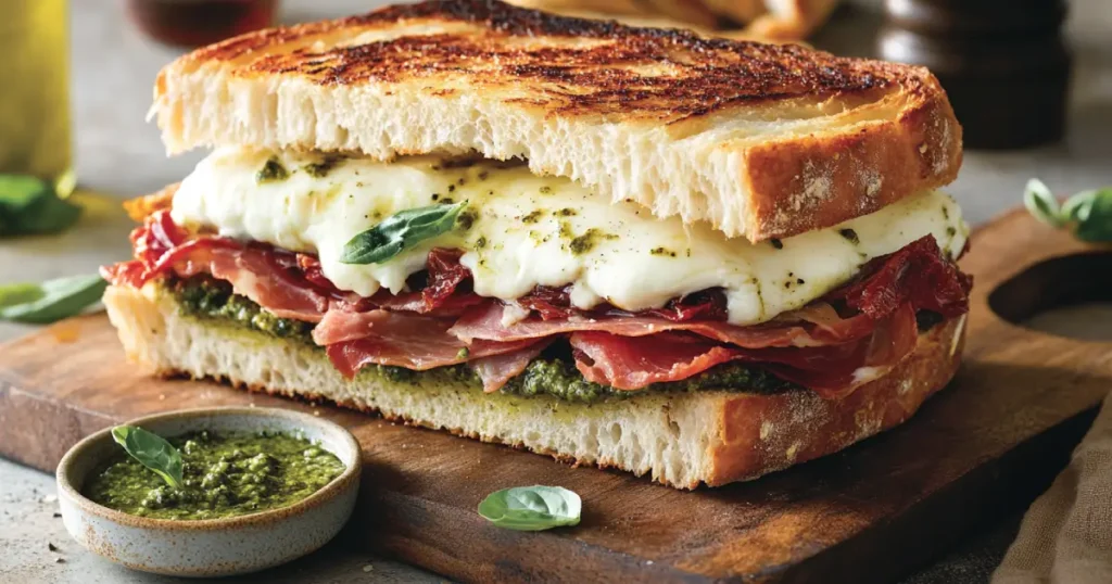 A beautifully plated Italian-inspired toasted sandwich, served golden brown and crispy, paired with a side of marinara sauce and garnished with fresh basil leaves on a rustic wooden table.