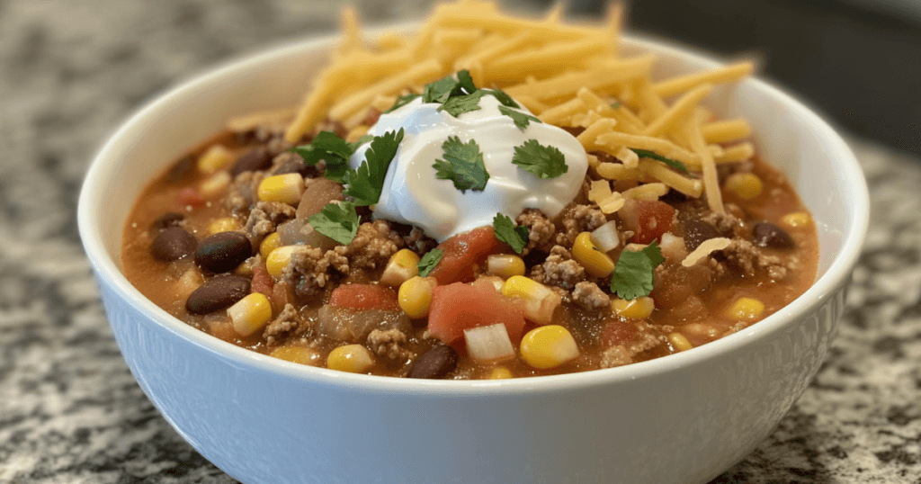 A hearty bowl of taco soup frios garnished with cheddar cheese, sour cream, and tortilla chips, served on a rustic table.