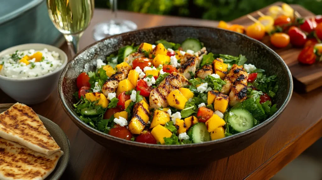 Pairing suggestions for Mediterranean-Style Mango Salad: served alongside grilled salmon, crusty artisan bread, and a glass of chilled white wine, set on a rustic dining table with bright natural lighting.