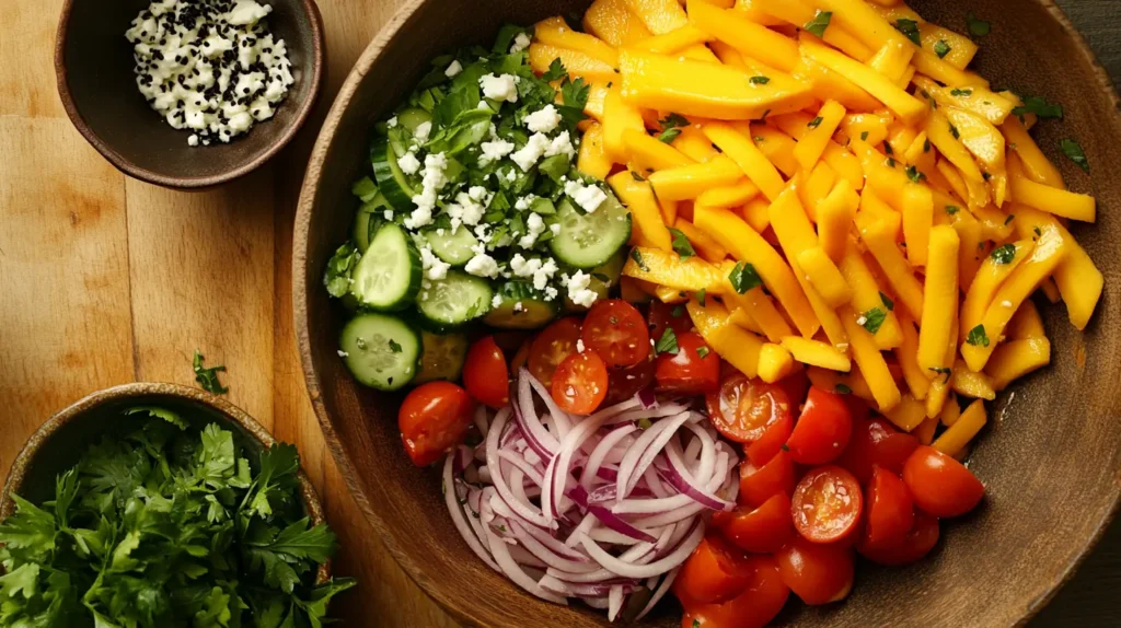 Step-by-step preparation of Mediterranean-Style Mango Salad: chopping mangoes, slicing cucumbers and onions, halving cherry tomatoes, crumbling feta cheese, and mixing the ingredients with a tangy olive oil and lemon dressing in a rustic kitchen setting.