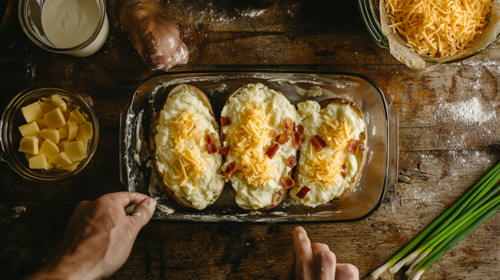 Step-by-step preparation of twice-baked potatoes, showing scooped potato shells, creamy filling mixture, and potatoes topped with cheese and bacon before baking.