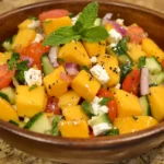 A vibrant bowl of mango salad featuring juicy mango slices, crisp vegetables, fresh herbs, and a drizzle of tangy dressing, set on a rustic wooden table with natural lighting.