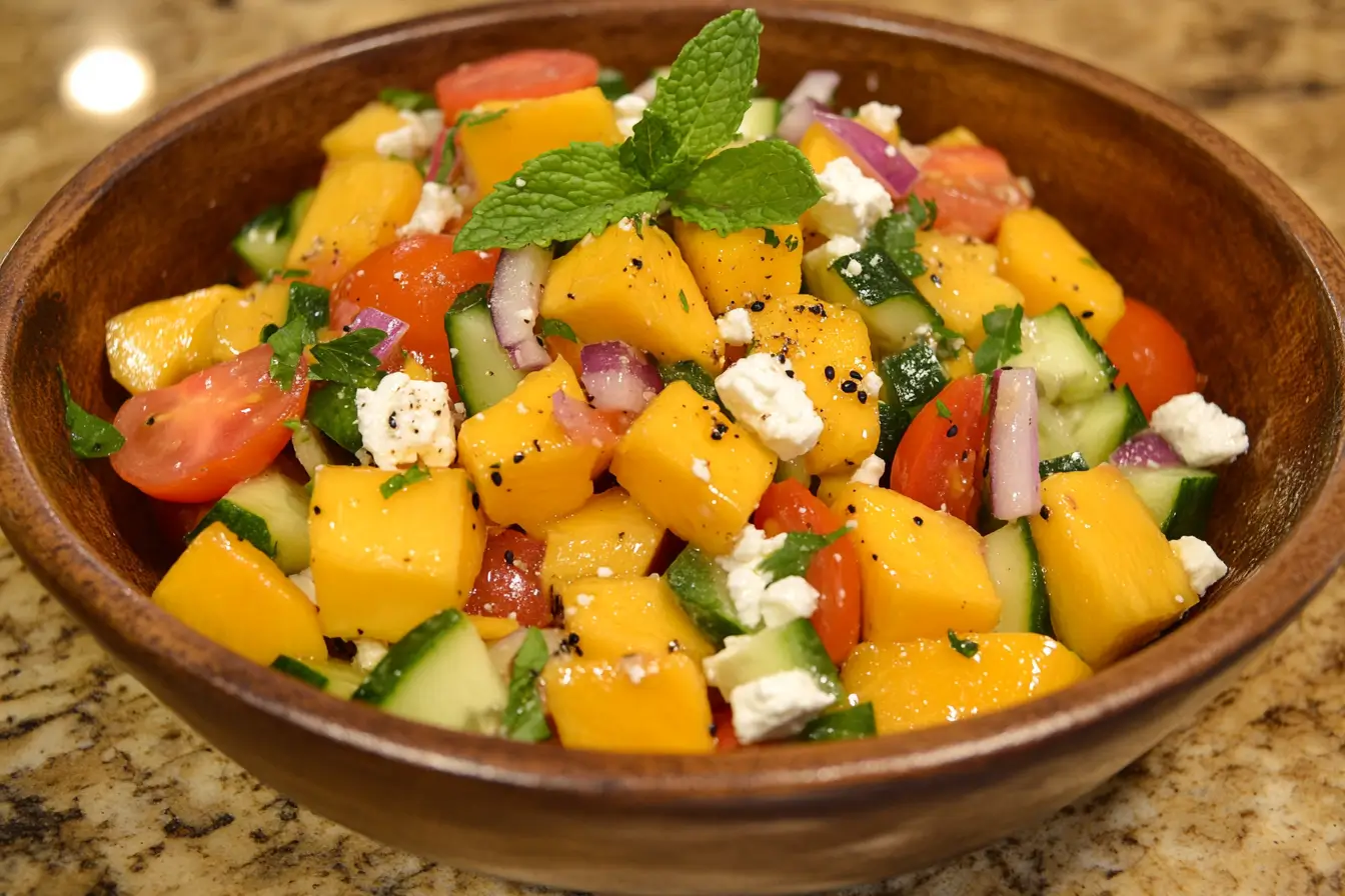 A vibrant bowl of mango salad featuring juicy mango slices, crisp vegetables, fresh herbs, and a drizzle of tangy dressing, set on a rustic wooden table with natural lighting.