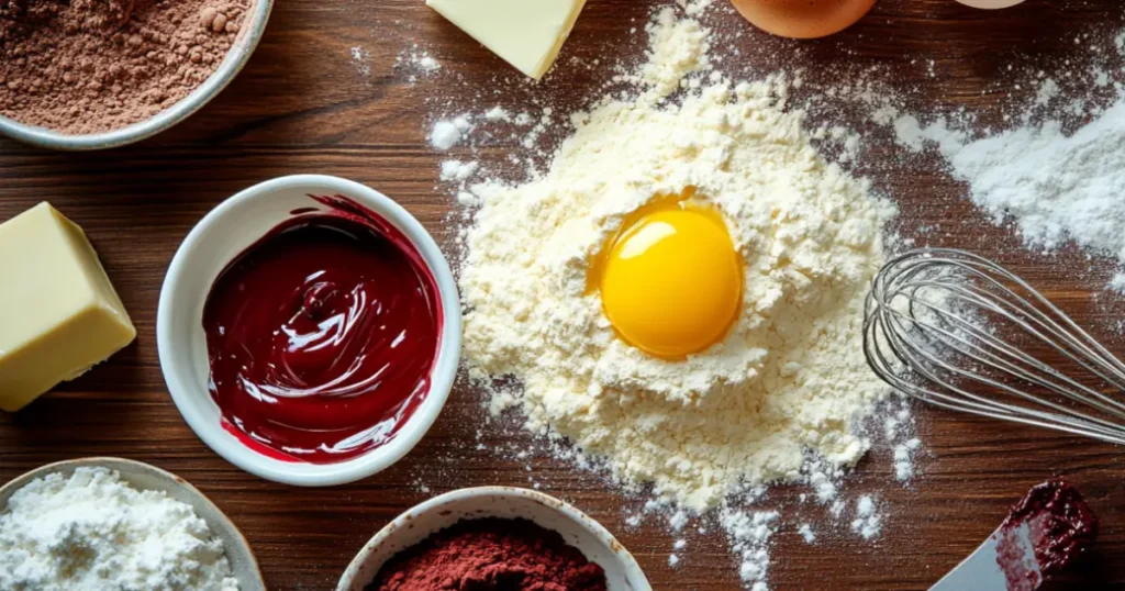 A beautifully arranged flat lay of ingredients for molten red velvet cakes, including cocoa powder, butter, sugar, eggs, red food coloring, and cream cheese, set on a rustic wooden surface with soft natural lighting.