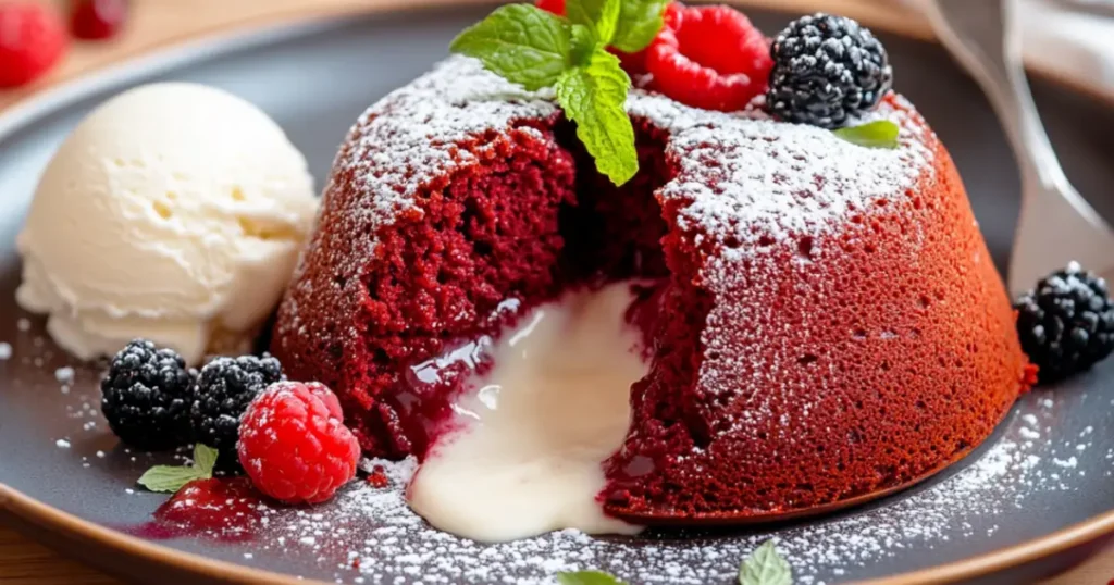 A warm, freshly baked molten red velvet cake with a gooey, creamy center oozing out, garnished with powdered sugar and fresh berries, set on a rustic wooden plate with soft, natural lighting.