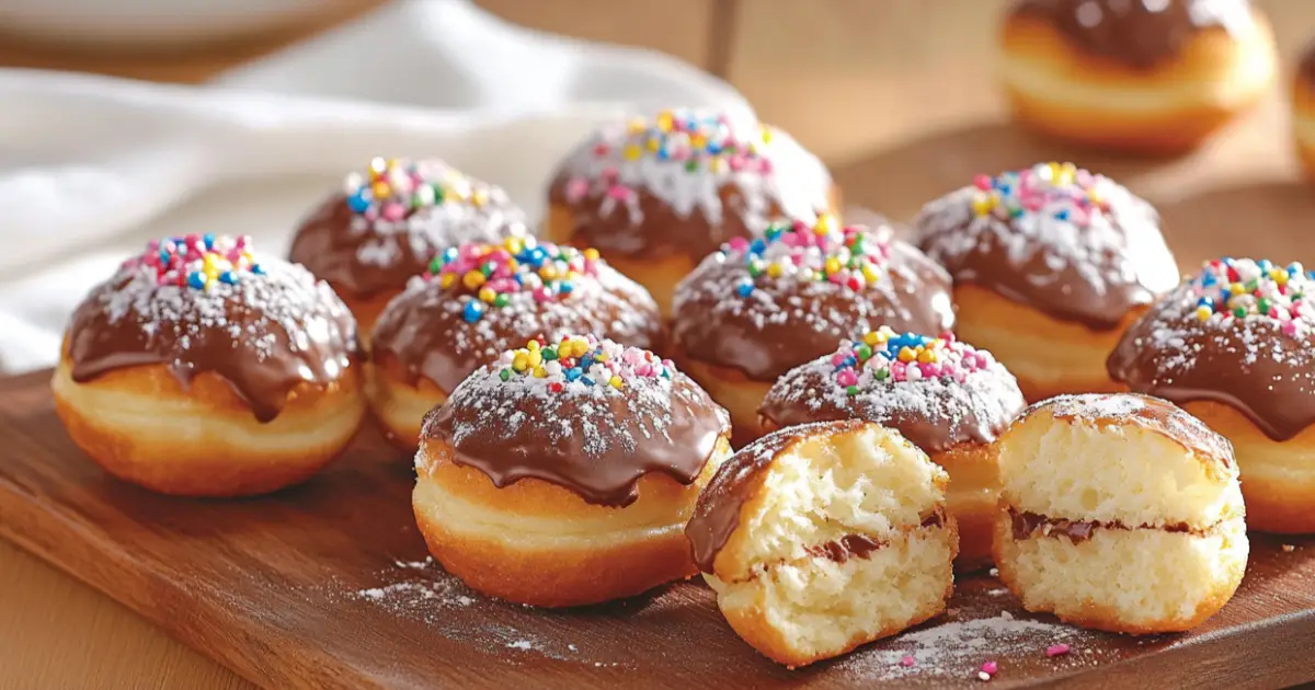 Close-up of freshly made mini donuts, golden brown and dusted with powdered sugar, stacked on a rustic wooden plate with a cup of coffee nearby.