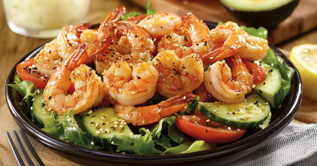 A vibrant shrimp salad with plump, seasoned shrimp, crisp lettuce, cherry tomatoes, avocado, and a light dressing, beautifully arranged on a rustic plate.