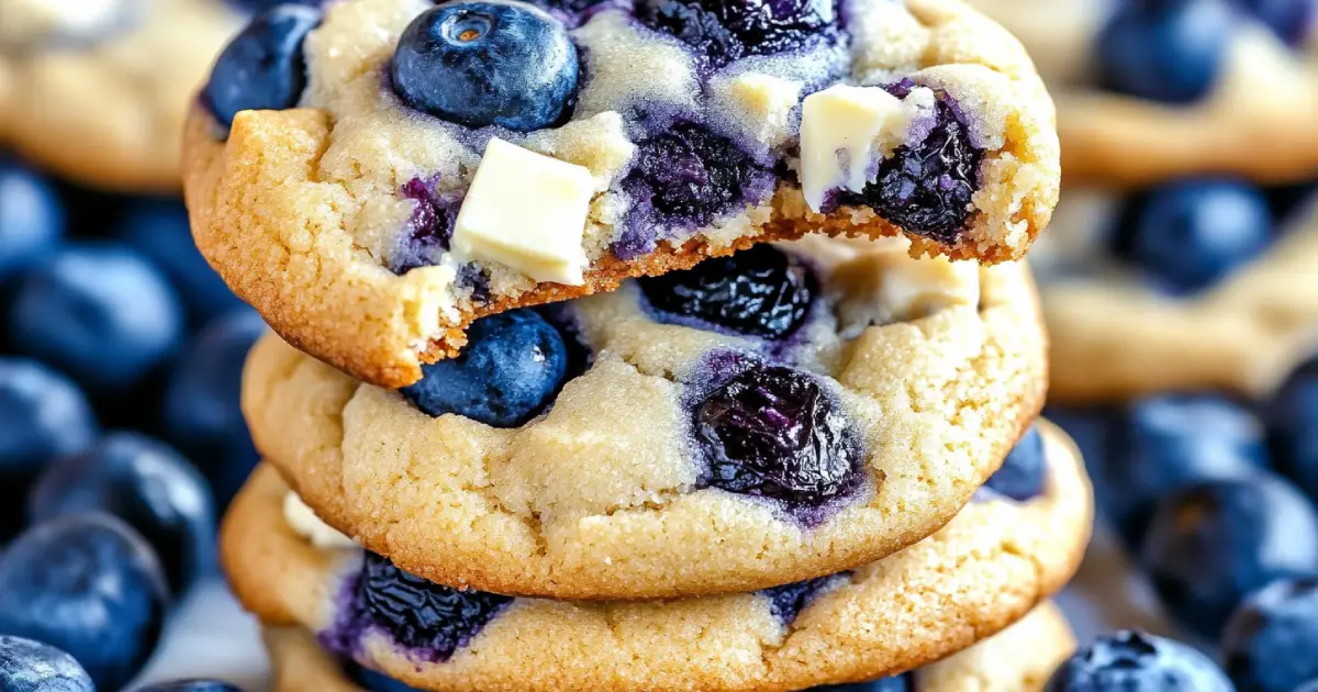 A close-up shot of freshly baked Blueberry Cheesecake Cookies, showcasing their soft, golden-brown texture with vibrant blueberry swirls and creamy cheesecake filling. The cookies are placed on a rustic wooden board, with fresh blueberries scattered around, creating a warm and inviting dessert scene.