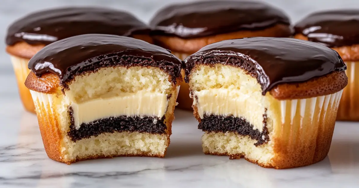 A close-up of a Boston Cream Pie Cupcake, showcasing a fluffy vanilla cupcake filled with creamy custard and topped with a glossy chocolate ganache, set on a rustic wooden table with a casual kitchen backdrop