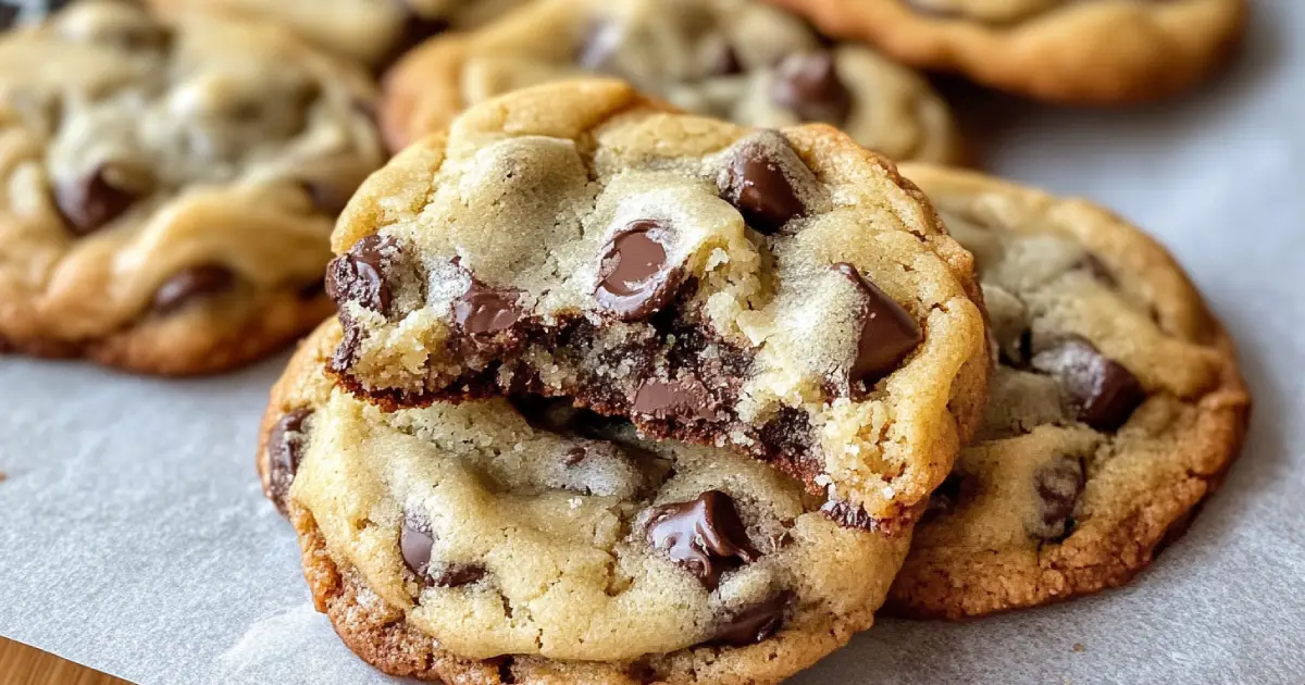 A batch of freshly baked Crisco Chocolate Chip Cookies, golden brown with melted chocolate chips, placed on a rustic wooden tray lined with parchment paper.