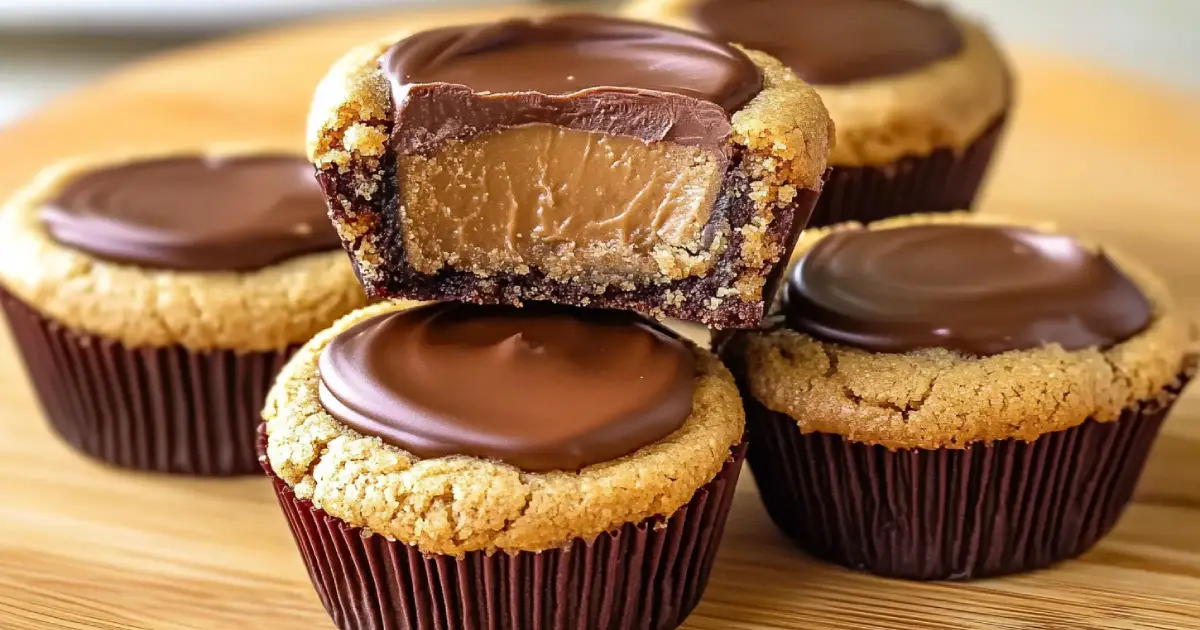 A close-up of freshly baked peanut butter cup cookies, with melted chocolate and a peanut butter cup nestled in the center of each cookie, resting on a rustic wooden surface. Crumbs and a glass of milk add a cozy, homemade touch.