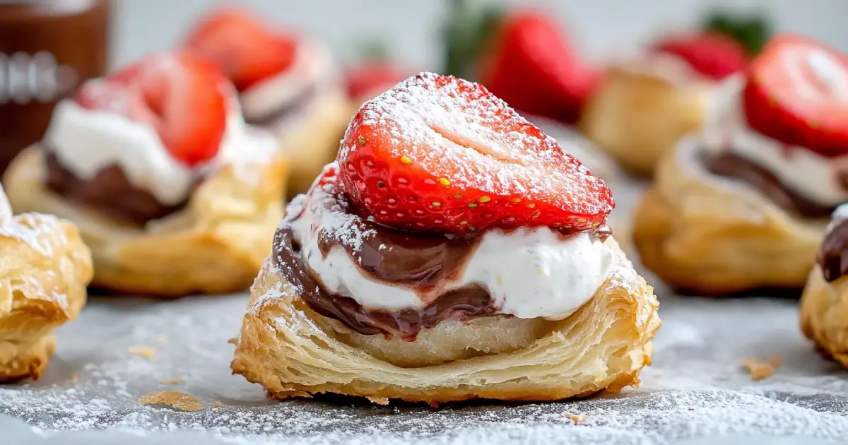 A close-up of Strawberry Nutella Cream Puffs filled with creamy Nutella pastry cream, fresh strawberries, and topped with toasted meringue.