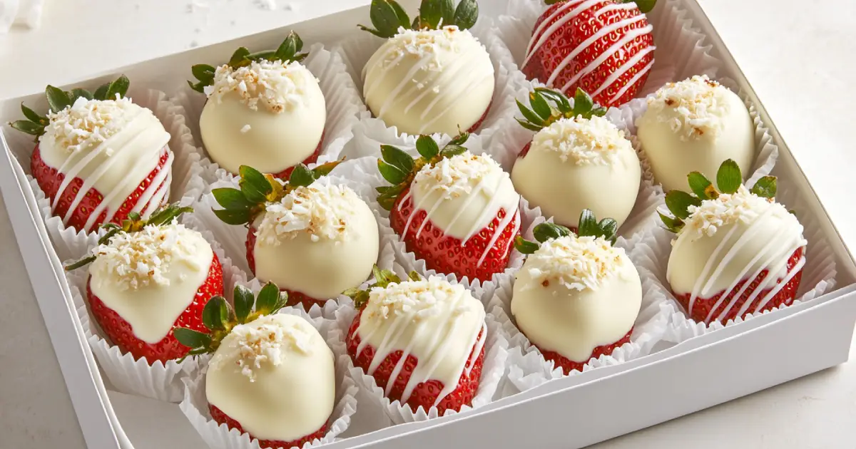 White chocolate-covered strawberries elegantly arranged on a plate, drizzled with extra white chocolate for a sweet and sophisticated treat.