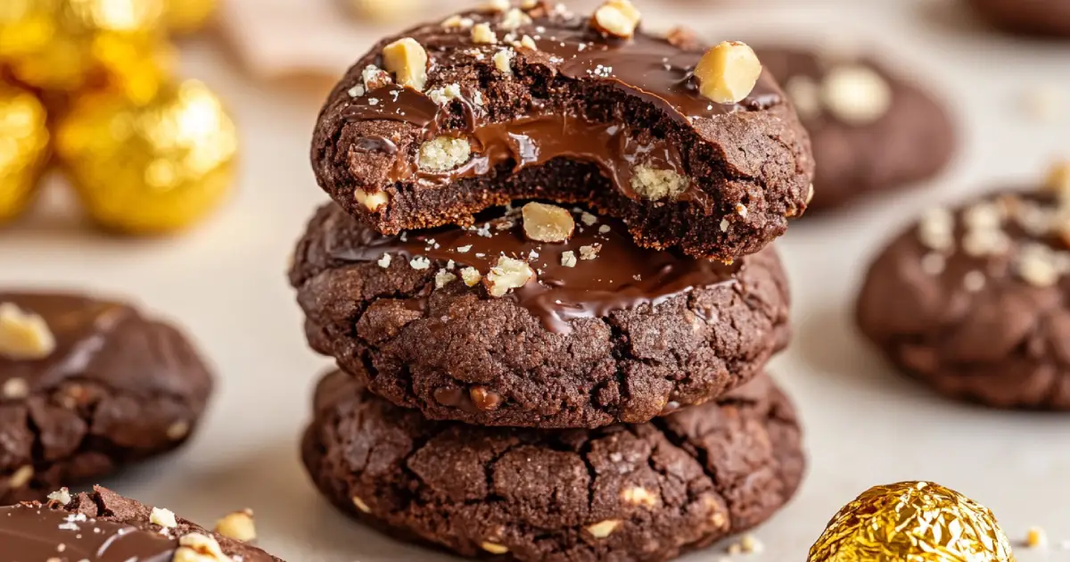 A batch of Ferrero Rocher cookies with a gooey chocolate center, topped with crushed hazelnuts and a rich golden hue, set on a rustic wooden tray.