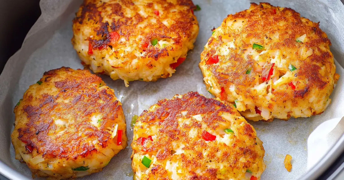 A plate of golden-brown air fryer crab cakes served with a side of dipping sauce and fresh lemon wedges.