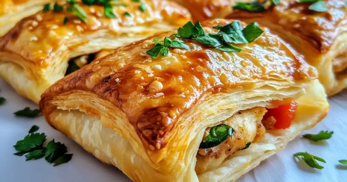 A golden, flaky puff pastry filled with tender, seasoned chicken, served on a rustic wooden board with fresh herbs and a side of creamy dipping sauce.