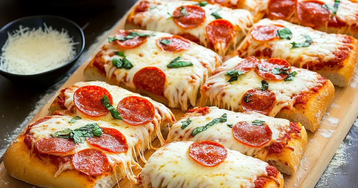 A close-up shot of crispy bread pizza topped with melted cheese, tomatoes, bell peppers, and fresh herbs, served on a wooden plate with a rustic kitchen background.