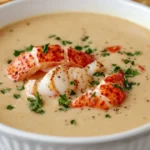 A warm, creamy bowl of crab bisque with a velvety texture, garnished with fresh herbs and served with crusty bread on a rustic kitchen countertop.