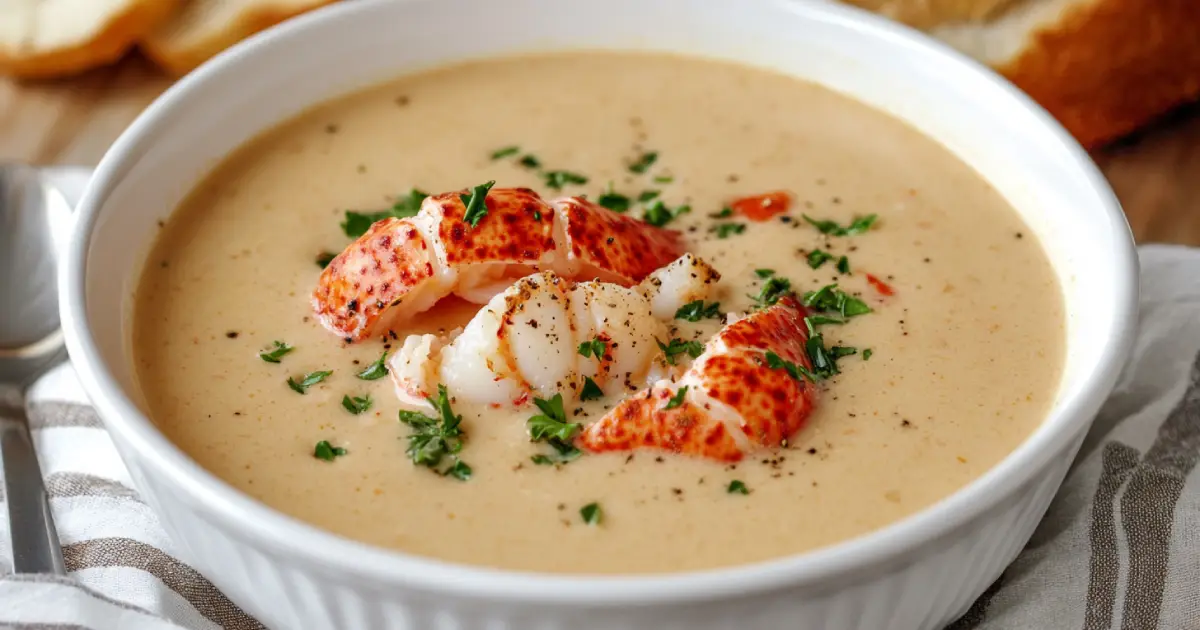 A warm, creamy bowl of crab bisque with a velvety texture, garnished with fresh herbs and served with crusty bread on a rustic kitchen countertop.