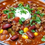 A steaming bowl of rich and hearty Chili Con Carne, packed with tender beef, beans, and bold spices, garnished with fresh herbs and a dollop of sour cream.