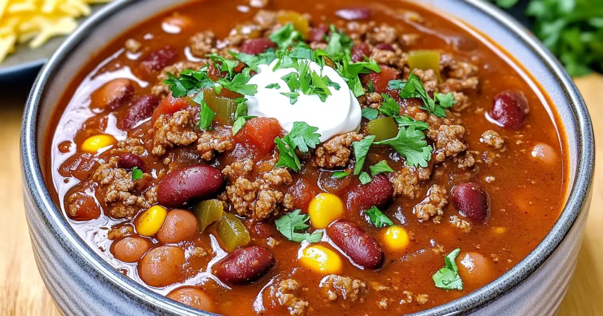 A steaming bowl of rich and hearty Chili Con Carne, packed with tender beef, beans, and bold spices, garnished with fresh herbs and a dollop of sour cream.